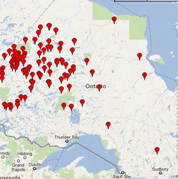 Map of active fires in Northern Ontario