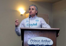 Bill Mauro speaking at Prince Arthur Hotel during press conference - photo Lynda Henshell