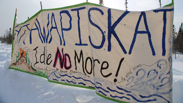 Banner up on Attawapiskat road to the De Beers Victor Mine - Photo by Chris Kat © 2013 all rights reserved