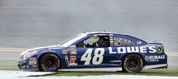 Jimmie Johnson, driver of the #48 Lowe's Chevrolet SS, completes his burnout after winning the Daytona 500 NASCAR Sprint Cup Series race Sunday, February 24, 2013 at Daytona International Speedway in Daytona Beach, Florida. (Photo by Christa L. Thomas for Chevrolet)
