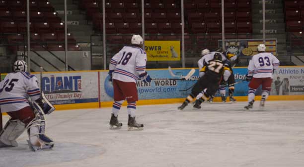 SIJHL Thunder Bay North Stars pressing Iron Rangers - Georgia Wenjack photo