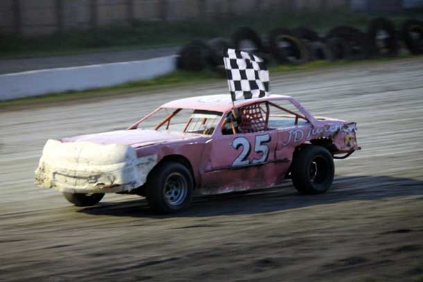 #25 Kendal Gamsby celebrates his second win of the year in the  Emo Street Stocks.