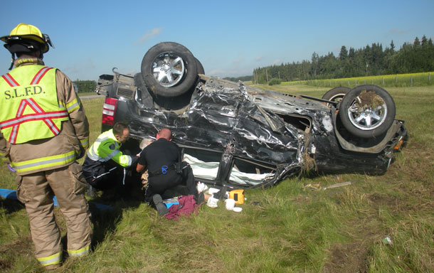 The 80 year old driver of this Jeep Liberty survived the crash - RCMP Photo