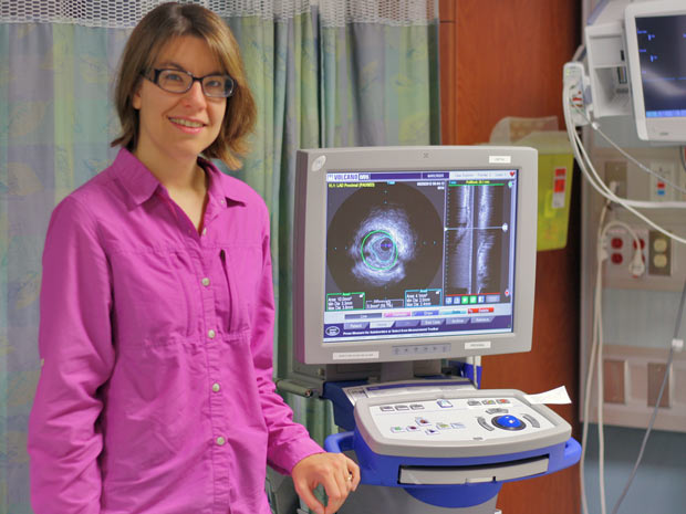 Dr. Andrea MacDougall, Medical Program Director – Cardiovascular and Stroke Program and Division Head – Cardiology at TBRHSC, shows how Intravascular Ultrasound (IVUS) gives a close-up view of the artery to determine the amount of plaque buildup along the artery walls.  It was one of the pieces of equipment purchased using donor dollars from the Northern Cardiac Fund in 2012.