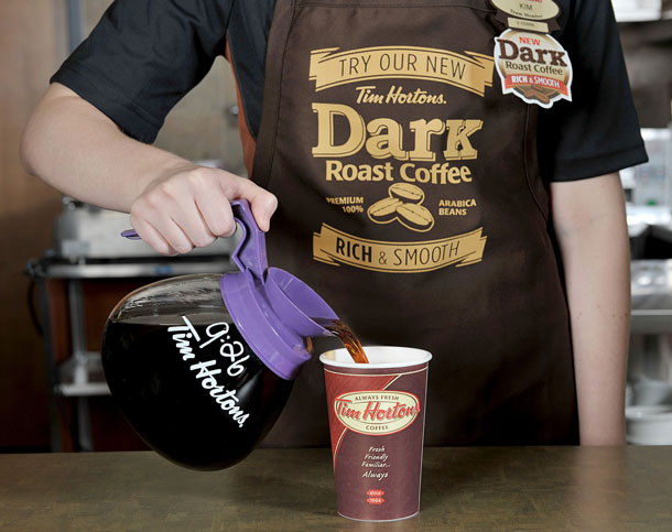 Tim Hortons will share their new Dark Roast coffee blend in two test markets. The new Tim Hortons Dark Roast coffee is available at participating Tim Hortons locations in Columbus, Ohio starting today and will be available at participating Tim Hortons restaurants in London, Ontario