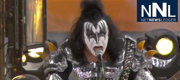 Gene Simmons Rocks the Dodger Stadium Stage during the NHL Outdoor Classic in Los Angeles