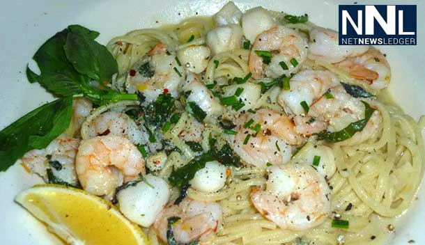 Linguini with Tiger Shrimp and Baby Scallops, Fresh Herbs and a Lemon Parmesan Sauce