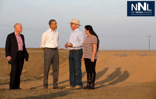 President Barack Obama tours a field with farmer Joe Del Bosque, his wife Maria, and California Gov. Jerry Brown in Los Banos, Calif., Feb. 14, 2014. (Official White House Photo by Pete Souza)