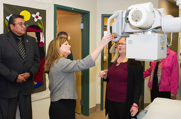 Minister Ambrose toured the Siksika Health Centre and received a demonstration of the state-of-the-art X-ray technology from Margaret Kargard, Clinical Services Team Leader (L-R Counselor Barry Yellow Fly, Minister Ambrose, Margaret Kargard, and Elder Teresa Bear Chief)