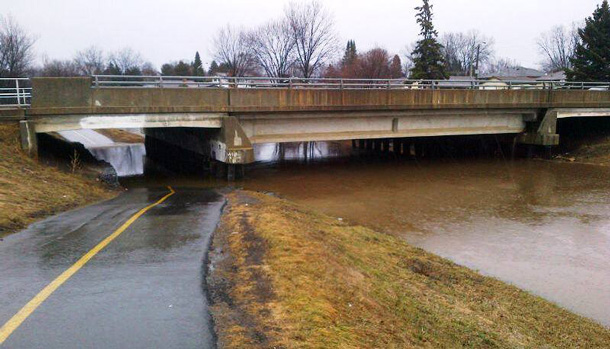 Water level on the Neebing River this morning at Edward Street - Photo by Joe O Paddles