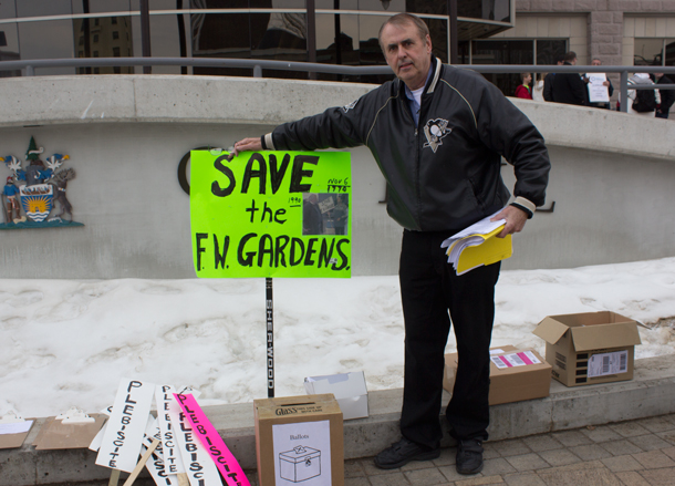 Ray Smith of the Concerned Taxpayers group was pointing to his fight in 1990 to save Fort William Gardens.