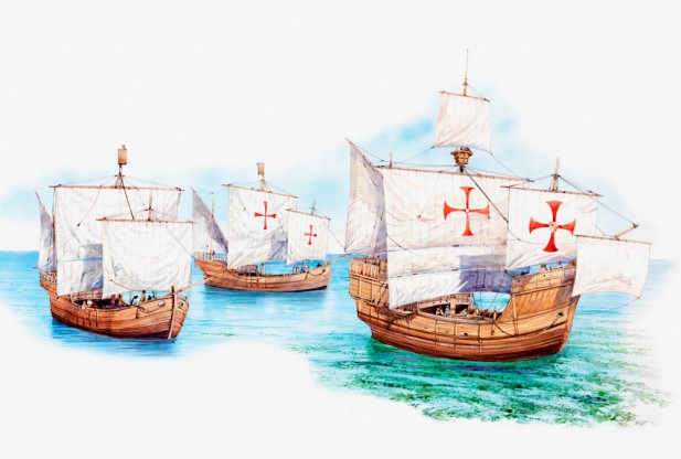 Illustration of the three ships, the Nina, the Pina, and the Santa Maria