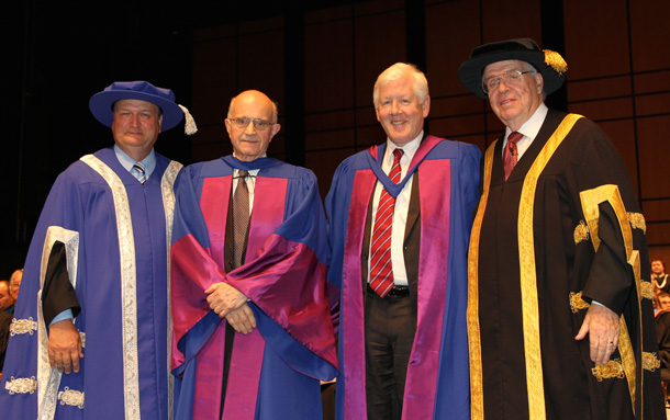 Lakehead President and Vice-Chancellor Dr. Brian Stevenson; Honorary Doctor of Laws recipient, The Honourable Frank Iacobucci; Honorary Doctor of Laws recipient, The Honourable Bob Rae; Lakehead Chancellor Dr. Derek Burney.