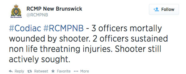 RCMP Tweet Three Officers Mortally Wounded