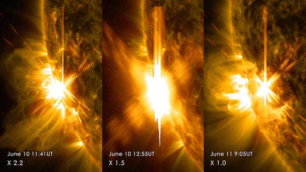 Three X-class flares erupted from the left side of the sun June 10-11, 2014. These images are from NASA's Solar Dynamics Observatory and show light in a blend of two ultraviolet wavelengths: 171 and 131 angstroms. The former is colorized in yellow; the latter, in red.  Image Credit:  NASA/SDO
