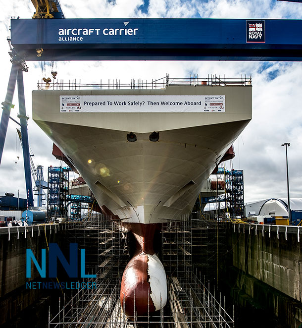he aircraft carrier HMS Queen Elizabeth under construction at Rosyth Dockyard in Scotland, Aug. 10, 2013. The ship, the largest ever built for the Royal Navy, will be christened July 4 in a ceremony attended by Deputy Defense Secretary Bob Work. U.K. Ministry of Defense photo by Andrew Linnett  