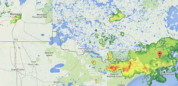 The Weather Map shows a large storm cell centred over Thunder Bay, over Winnipeg the cell is smaller