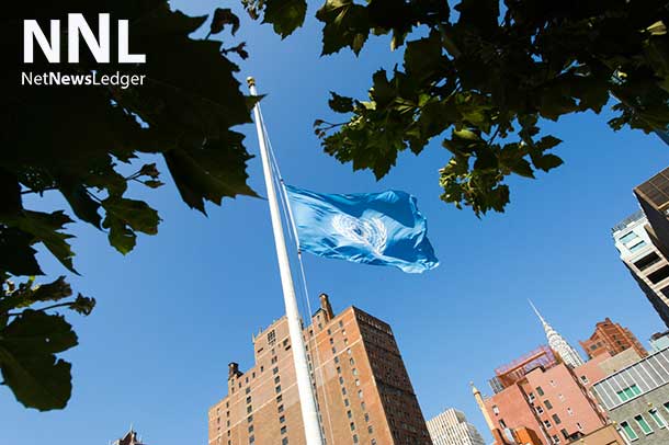 The UN flag flies at half-mast at the Organization’s Headquarters in New York, in memory of fallen colleagues who lost their lives in the conflict in Gaza. UN Photo/Mark Garten