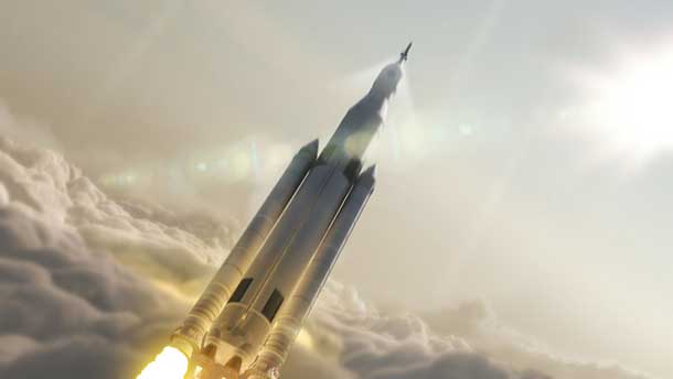 Artist concept of NASA’s Space Launch System (SLS) 70-metric-ton configuration launching to space. SLS will be the most powerful rocket ever built for deep space missions, including to an asteroid and ultimately to Mars. Image Credit: NASA/MSFC
