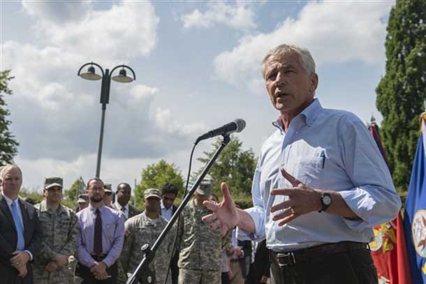 Defense Secretary Chuck Hagel speaks to service members and reporters at U.S. European Command headquarters in Stuttgart, Germany, Aug. 6, 2014. DoD photo by Navy Petty Officer 2nd Class Sean Hurt