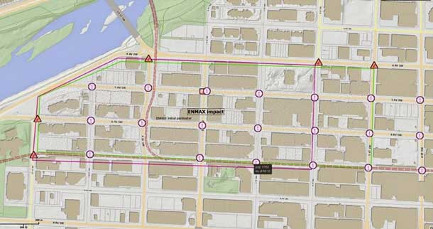 Map of the downtown area in Calgary impacted by the underground fire on Saturday night.