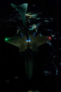 A United States Air Force F-22 Raptor is re-fueled in the air over Syria