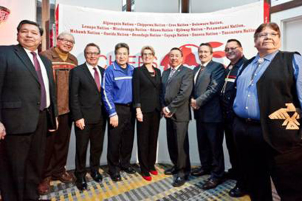 Honouring our Leaders Gala honoured seven outstanding leaders last night in a sold-out Gala event hosted by the Chiefs of Ontario in Toronto. From left: Wally McKay, Charles Fox, Aboriginal Affairs Minister David Zimmer, Grand Chief Gordon Peters, Premier Kathleen Wynne, Ontario Regional Chief Stan Beardy, Angus Toulouse, Grand Council Chief Patrick Madahbee and Chief Tom Bressette. (photo by Nadya Kwandibens)