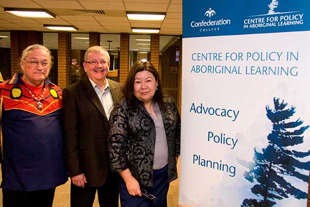 Elder Gerry Martin (left) joins Confederation College's Jim Madder, President, and S. Brenda Small, Vice President of the Centre for Policy in Aboriginal Learning (CPAL) for the CPAL Open House.