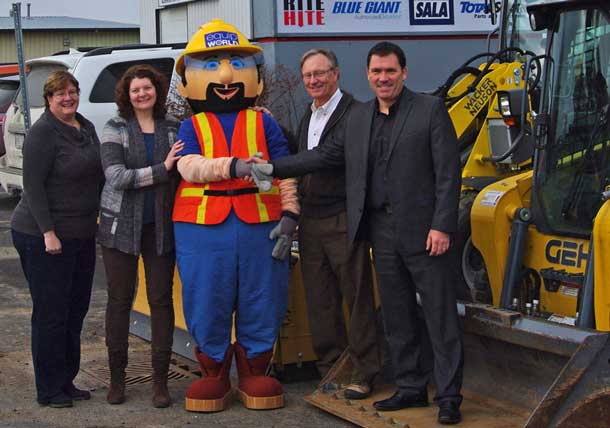 Proceeds from Little Diggers Day Presented. Equipment World presents $4,000 cheque to Habitat for Humanity Thunder Bay, November 14, 2014 Featured in Photo, Left to Right: Diane Mitchell (Habitat for Humanity CEO), Heather Syvitski, Freddy the Mascot, Lyle Knudsen & Peter Knudsen (Equipment World Owners)
