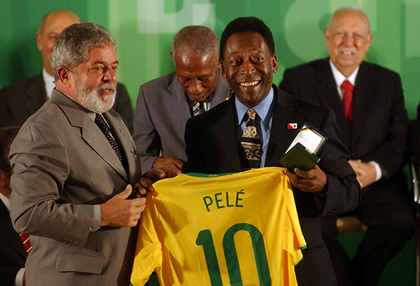 Brazil President Lula and Pelé in commemoration for 50 years since the first World Cup title won by Brazil in 1958, at the Palácio do Planalto, 2008