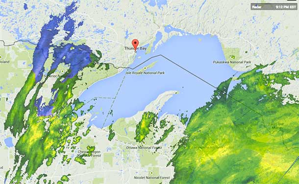 Weather Map showing the frontal system headed to Thunder Bay - image at 21:15EST