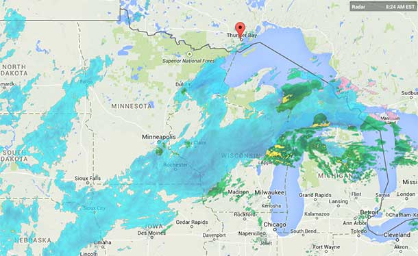 Weather Radar showing most of the storm appears to be headed east of Thunder Bay