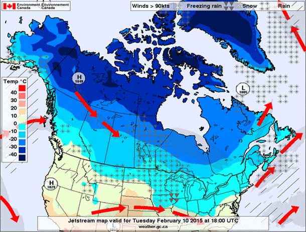 The Jet Stream has dipped lower and is bringing Arctic Cold into the province.