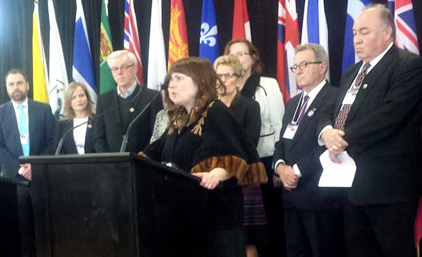 Dr. Dawn Harvard, ONWA President and Interim President of NWAC, addresses the media at the National Roundtable on Missing and Murdered Indigenous Women and Girls in Ottawa on Friday, Feb. 27th.