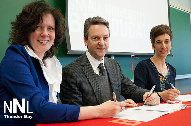 from left: Rose Burton-Spohn, Superintendent of the HSCDSB, Algoma U President Dr. Richard Myers, and Asima Vezina, Superintendent of Education, Operations and Planning ADSB sign the EAP agreement. 