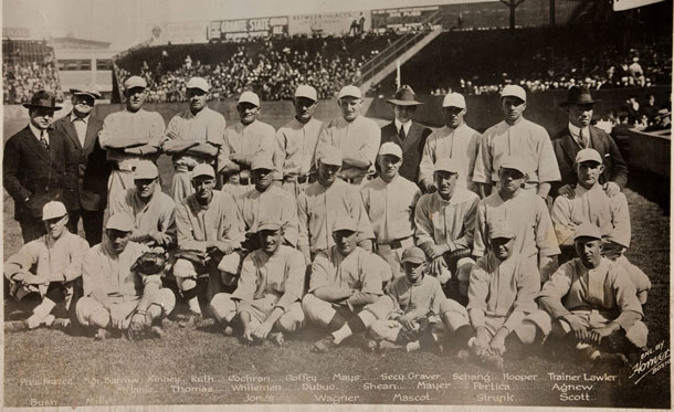 Classic photo of the 1918 Boston Red Sox. Babe Ruth is in the front row.