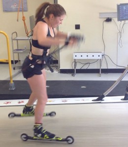 Katherine Stewart-Jones of NDC Thunder Bay, and the National Ski Team, completes physiological testing on the Rollerski Treadmill. 
