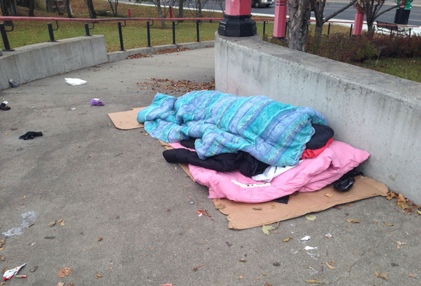 Homeless in Thunder Bay - image taken October 26 2015 - Ontario promises to end homelessness in ten years.