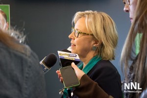 Green Party Leader Elizabeth May speaks with media at Press Conference in Thunder Bay