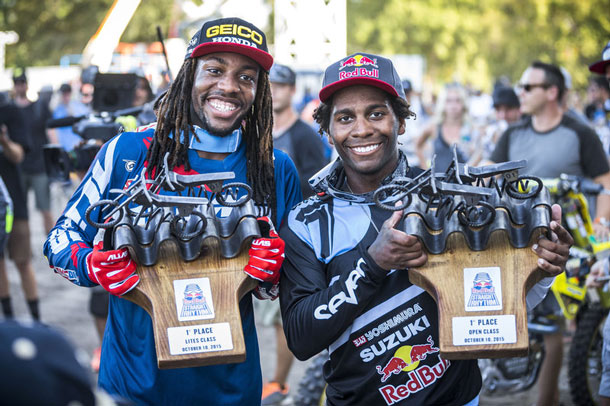 (L-R) Brothers Malcolm Stewart and James Stewart celebrate after winning at Red Bull Straight Rhythm at Fairplex at Pomona in Pomona, California, USA on 10 October 2015.