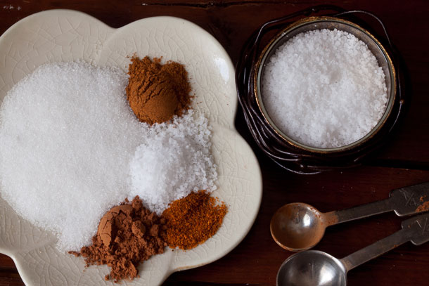 While pan heats, place 1/4 teaspoon cocoa powder, 1/4 teaspoon ground cinnamon, 2 teaspoons granulated sugar, 1/2 teaspoon coarse sea salt and 1/8 teaspoon ground cayenne pepper (optional) in a small bowl. Stir to combine. Credit: Copyright 2015 Susan Lutz