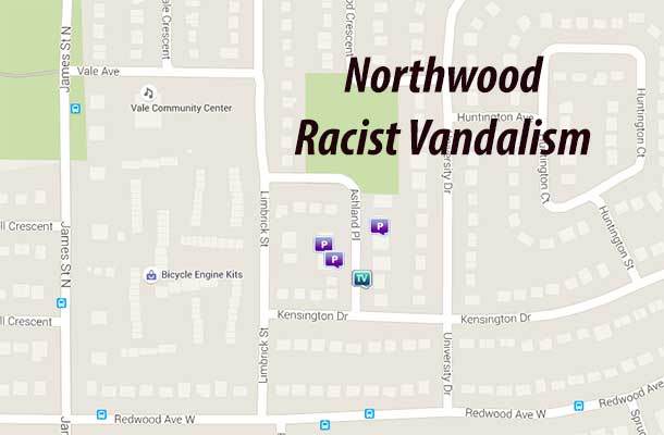 Crime Map showing the three incidents on Ashland Place where vehicles were vandalized
