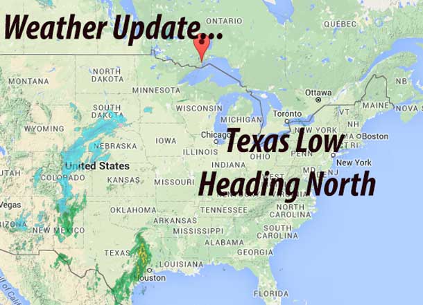 The Low Pressure System tracking north from Texas is angling slightly more easterly from Thunder Bay...