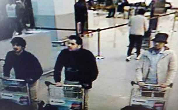 This CCTV image from the Brussels Airport surveillance cameras made available by Belgian Police, shows what officials believe may be suspects in the Brussels airport attack on March 22, 2016. REUTERS/CCTV/Handout via Reuters
