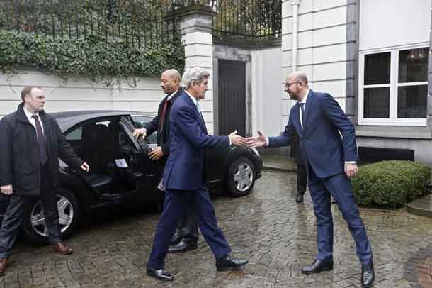 U.S Secretary of State John Kerry meets Belgian Prime Minister Charles Michel in Brussels, Belgium, March 25, 2016.    REUTERS/Francois Lenoir