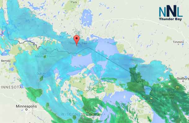 Weather Radar Map showing snowfall in Northwestern Ontario