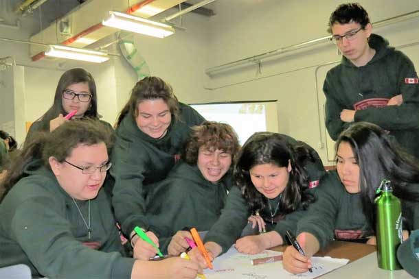 Junior Canadian Rangers work together to write down causes of stress during classroom work