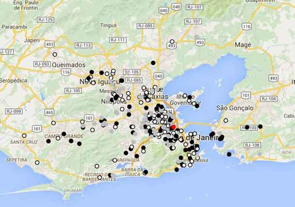 Spatial distribution at Rio de Janeiro State for cases tested positive (black dots), tested negative (dark gray dots) and not tested yet (light gray) for ZIKV between January 1, 2015 and July 31, 2015. The red dot indicates the Instituto Nacional de Infectologia, where patients were seen. Credit Brazil et al.