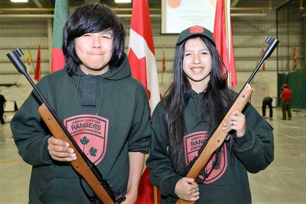 Junior Canadian Rangers Kerry Sagutcheway, 14, and Erin Atlookan, 14, from Fort Hope were competitors at the Junior Ranger national marksmanship championship contest in Edmonton