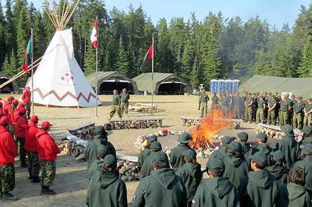 Junior Canadian Rangers and troops parade for Camp Loon's opening ceremony